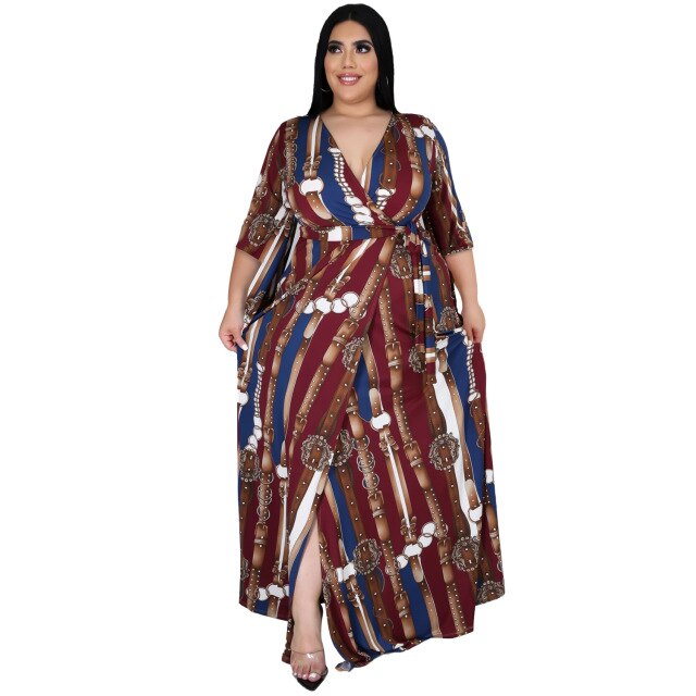 HAOOHU Women&#39;s Clothing Plus Size Bohemian Dress 2021 V-neck Mid-sleeve Split Beach Print Big Swing Dress Fashion Casual Urban