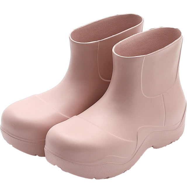 Trend Design Modern Fashion Ankle Rainboots Elastic Waterproof Upper Thick Platform Flat Height Increasing Non Slip Rainy Shoes