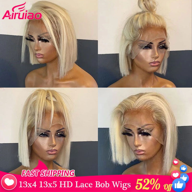613 Blonde Bob 13x6 Lace Front Wig Human Hair Preplucked Babyhair HD Transparent Short Straight 13x4 Color Frontal Wig Glueless