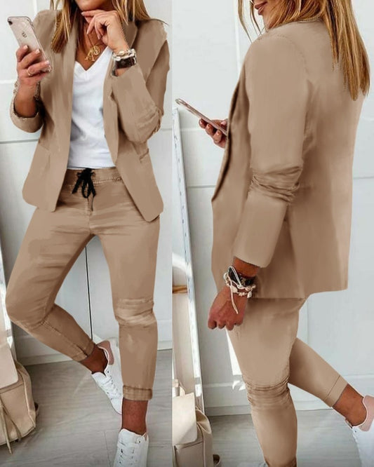 Women&#39;s Suit 2-piece Jacket + Pants 2021 Autumn Fashion Casual Turn-down Collar Office Lady Long Sleeve Blazer Sets