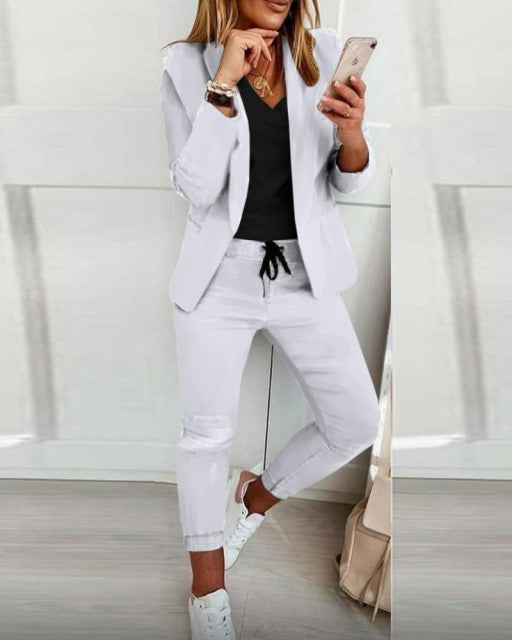 Women&#39;s Suit 2-piece Jacket + Pants 2021 Autumn Fashion Casual Turn-down Collar Office Lady Long Sleeve Blazer Sets