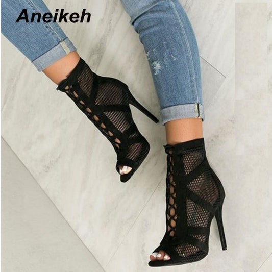 Aneikeh 2022 Fashion Basic Sandals Boots Women High Heels Pumps Sexy Hollow Out Mesh Lace-Up Cross-tied Boots Party Shoes Party