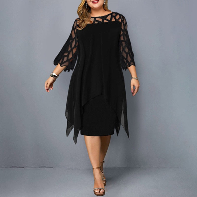 Plus Size Dresses 4XL 5XL 6XL Lace Mesh Sexy Elegant Midi Party Dress Red Black Green Purple Loose Hellow Women&#39;s Clothing 2021