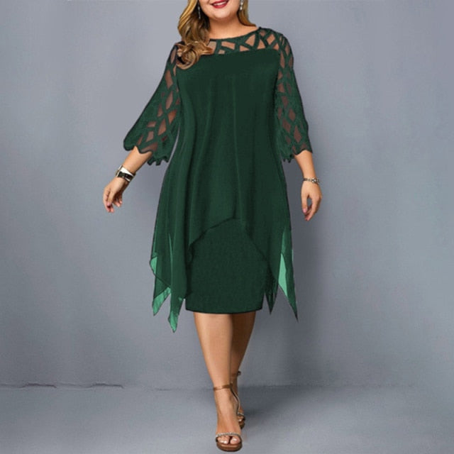 Plus Size Dresses 4XL 5XL 6XL Lace Mesh Sexy Elegant Midi Party Dress Red Black Green Purple Loose Hellow Women&#39;s Clothing 2021