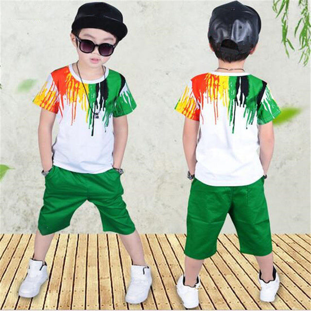 2022 New Summer Boys Clothing Set Casual Hip-hop Stripe Colorful T-Shirt + Pants 2Pcs Suit Kindergarten Performance Kids Clothes