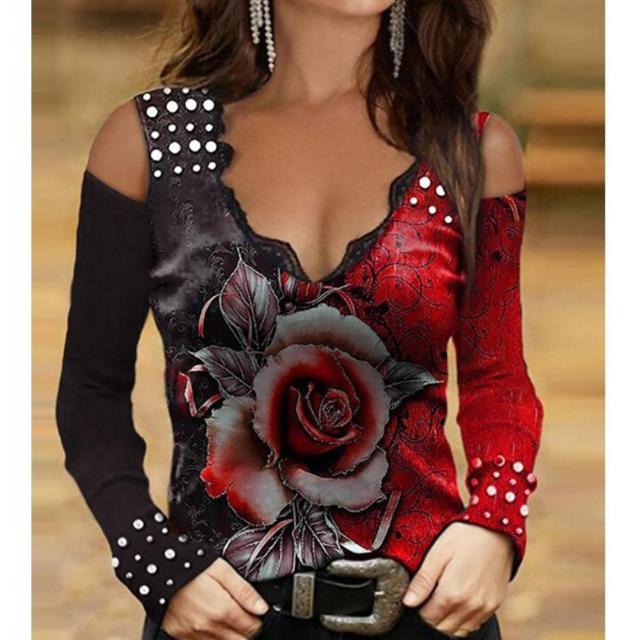 New Fashion Women Luxury Skinny Rose T-Shirt Flower Printed Off-Shoulder Rhinestone Long Sleeve Loose Clothing XS-5XL