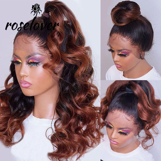 Ombre Brown Color 360 Lace Frontal Wig Full Lace Wig Human Hair Loose Wave Hair 13x4 Lace Front Wigs For Black Women PrePlucked