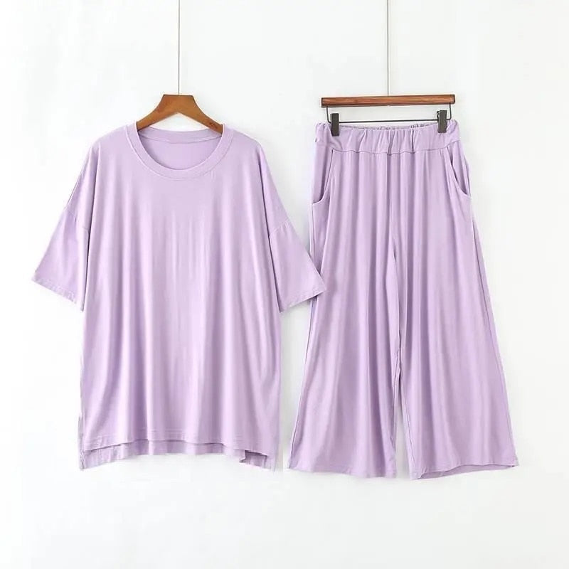 Plus size 7XL 150KG Women Modal Pajamas Sets Summer Short Sleeve Top and Calf-Length Pants Women Soft Sleepwear Suit Sleepwear