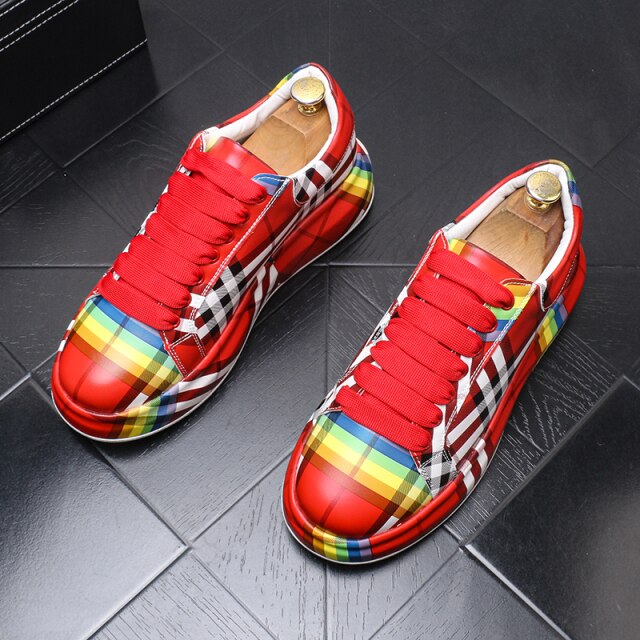 Plaid Leather Luxury Designer Men Shoes Sneakers Hip Hop Height Increasing Platform Casual Flats Zapatillas Hombre