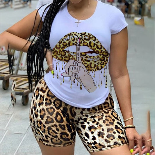 2022 Plus Size 5XL Two Piece Set for Women Tracksuit Lips Short Sleeve Top Leopard Shorts Sweat Suit 2 Pcs Outfits Matching Sets