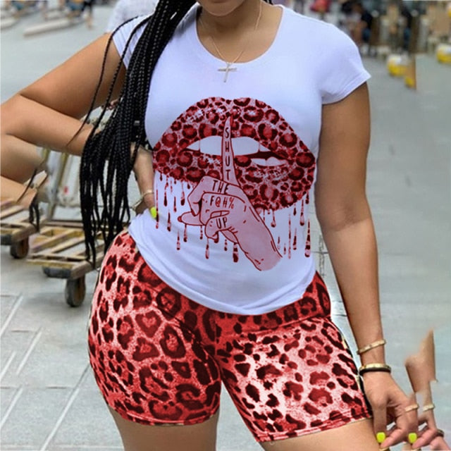 2022 Plus Size 5XL Two Piece Set for Women Tracksuit Lips Short Sleeve Top Leopard Shorts Sweat Suit 2 Pcs Outfits Matching Sets