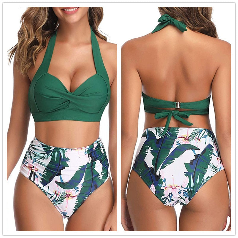 Sexy High Waist Bikini Florial Print Tankini Sexy Halter Bikini Set Polka Dot Female Swimwear 2 Piece Bathing Suit Plus Size XXL