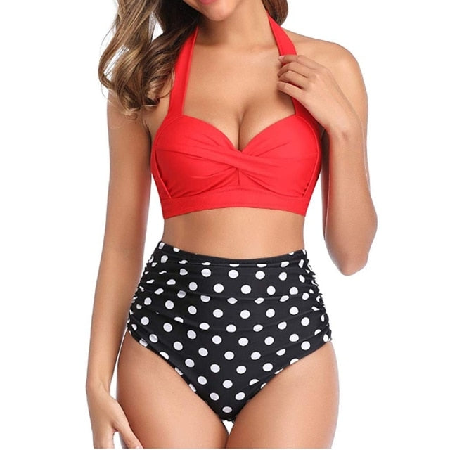 Sexy High Waist Bikini Florial Print Tankini Sexy Halter Bikini Set Polka Dot Female Swimwear 2 Piece Bathing Suit Plus Size XXL