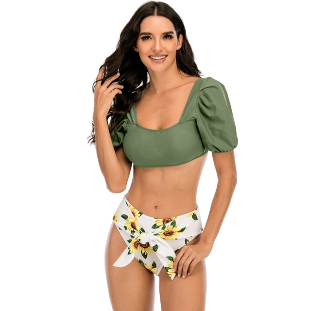 Sexy Bikini 2022 New 2 Piece Women Swimsuit Solid Color Short Puff Sleeve Summer High Waist Cut Backless Bathing Suit Beachwear