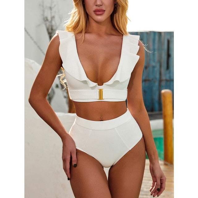 Sexy Bikini 2022 New 2 Piece Women Swimsuit Solid Color Short Puff Sleeve Summer High Waist Cut Backless Bathing Suit Beachwear