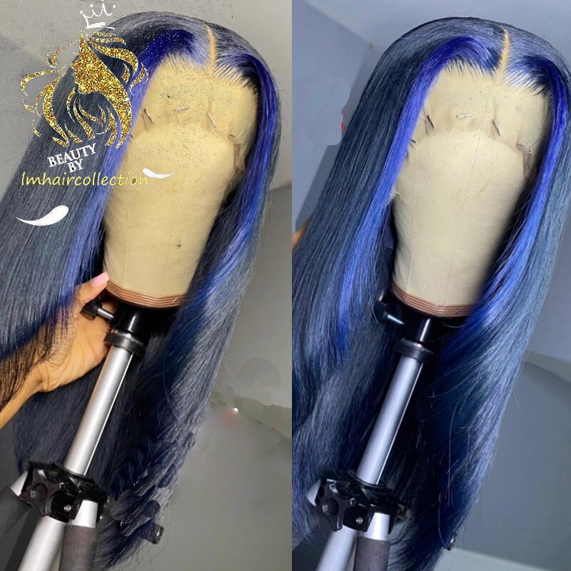 Dark Blue Straight Lace Front Human Hair Wigs For Women 180% Brazilian Wavy Remy Ombre Blue Lace Front Wigs Preplucked