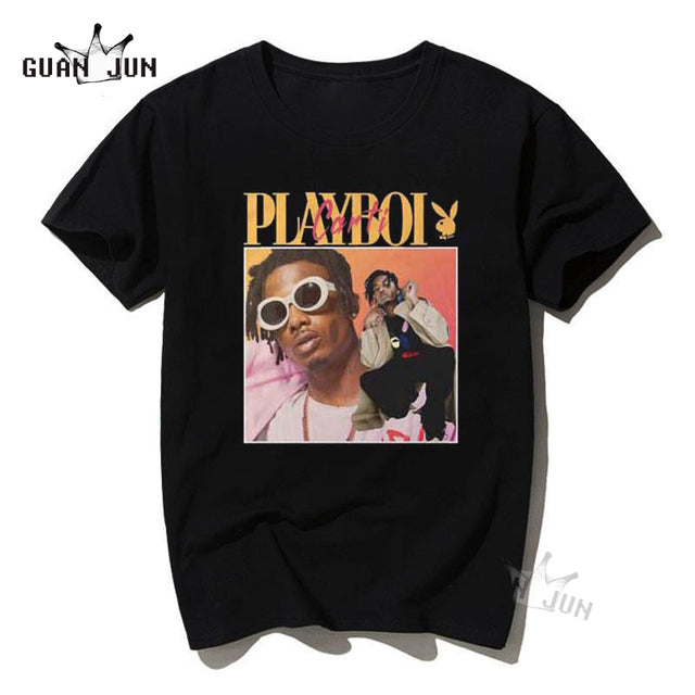 Men&#39;s T-Shirt Rap Eminem Tupac PLAYBOI Tshirt Unisex Cotton Vintage Black T Shirt Casual 80 90S Hip Hop Streetwear Tees Lil Peep