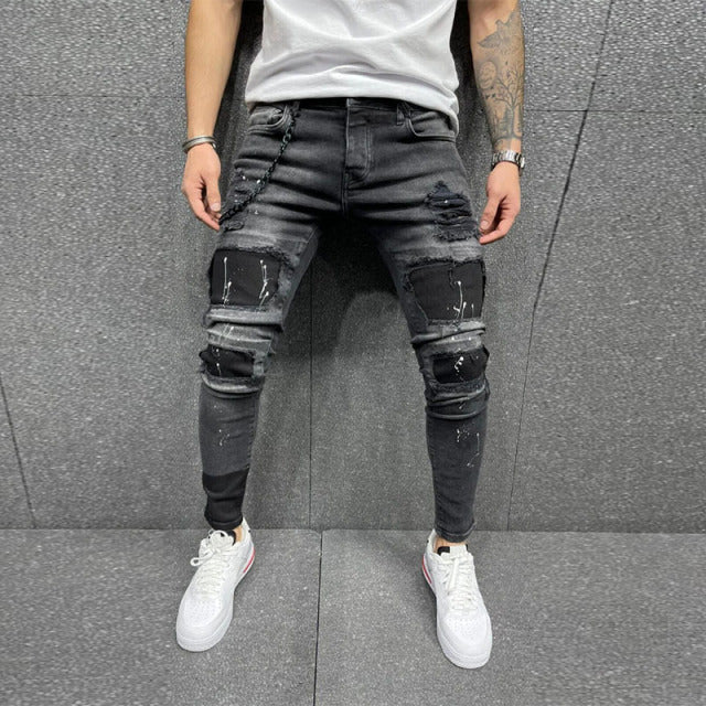 Men Jeans Knee Hole Ripped Stretch Skinny Denim Pants Solid Color Black Blue Autumn Summer Hip-Hop Style Slim Fit Trousers S-4XL