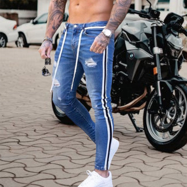 Men Jeans Knee Hole Ripped Stretch Skinny Denim Pants Solid Color Black Blue Autumn Summer Hip-Hop Style Slim Fit Trousers S-4XL