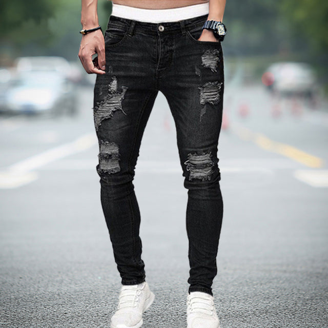 Men Jeans Knee Hole Ripped Stretch Skinny Denim Pants Solid Color Black Blue Autumn Summer Hip-Hop Style Slim Fit Trousers S-4XL