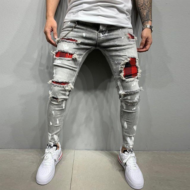 Men Jeans Knee Hole Ripped Stretch Skinny Denim Pants Solid Color Black Blue Autumn Summer Hip-Hop Style Slim Fit Trousers S-4XL