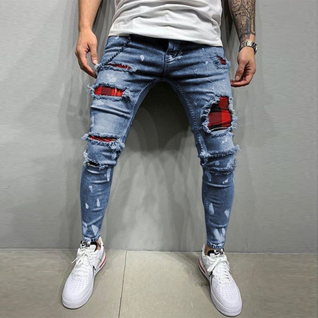 Men Jeans Knee Hole Ripped Stretch Skinny Denim Pants Solid Color Black Blue Autumn Summer Hip-Hop Style Slim Fit Trousers S-4XL