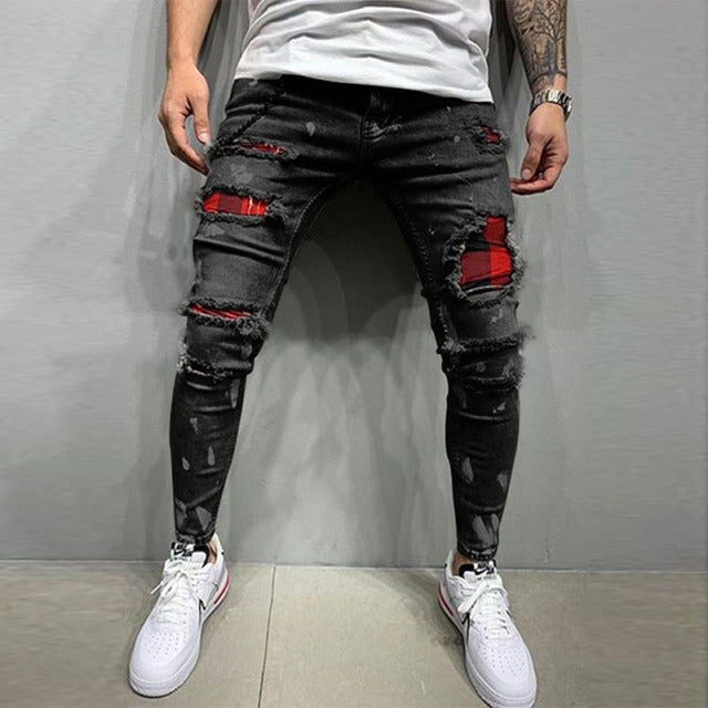 Men Jeans Knee Hole Ripped Stretch Skinny Denim Pants Solid Color Black Blue Autumn Summer Hip-Hop Style Slim Fit Trousers S-4XL