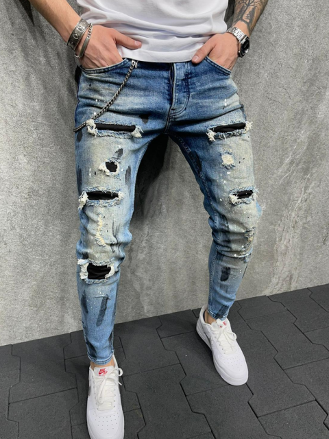 Men Jeans Knee Hole Ripped Stretch Skinny Denim Pants Solid Color Black Blue Autumn Summer Hip-Hop Style Slim Fit Trousers S-4XL