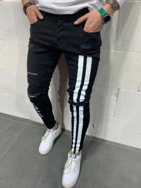 Men Jeans Knee Hole Ripped Stretch Skinny Denim Pants Solid Color Black Blue Autumn Summer Hip-Hop Style Slim Fit Trousers S-4XL