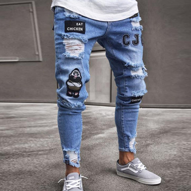 Men Jeans Knee Hole Ripped Stretch Skinny Denim Pants Solid Color Black Blue Autumn Summer Hip-Hop Style Slim Fit Trousers S-4XL