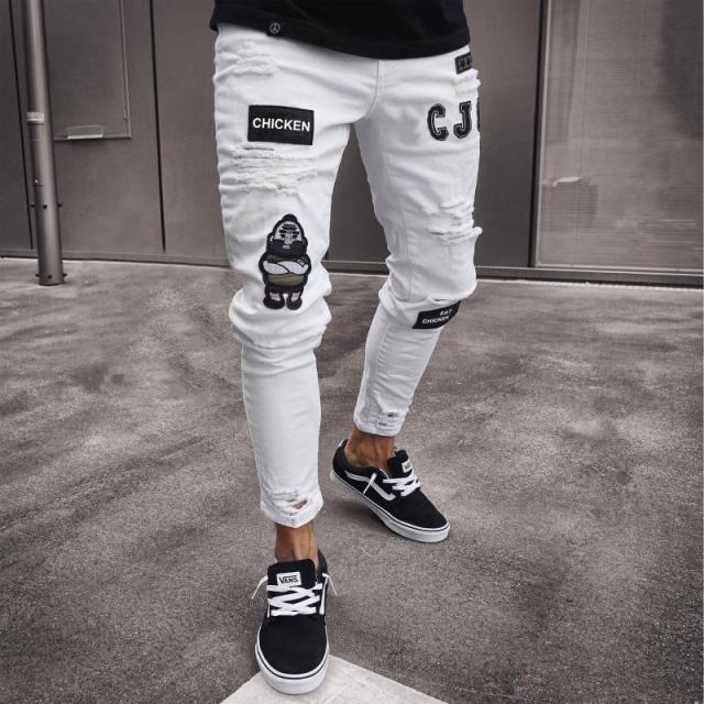 Men Jeans Knee Hole Ripped Stretch Skinny Denim Pants Solid Color Black Blue Autumn Summer Hip-Hop Style Slim Fit Trousers S-4XL