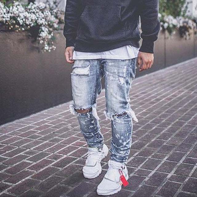 Men Jeans Knee Hole Ripped Stretch Skinny Denim Pants Solid Color Black Blue Autumn Summer Hip-Hop Style Slim Fit Trousers S-4XL