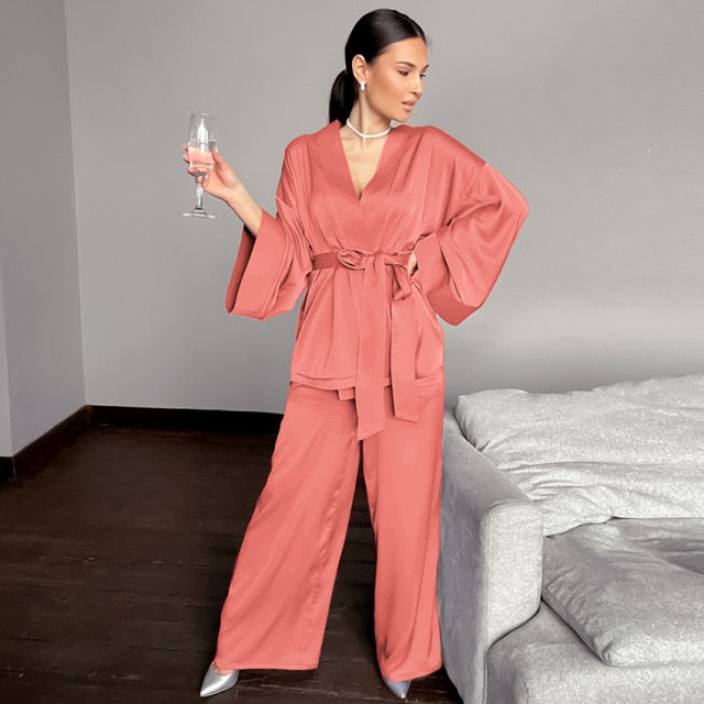 HECHAN Solid Women Robes With Sashes 2 Piece Set Wrist Sleep Tops Satin Pants Loose Pajamas Casual Sleepwear Female Home Suits