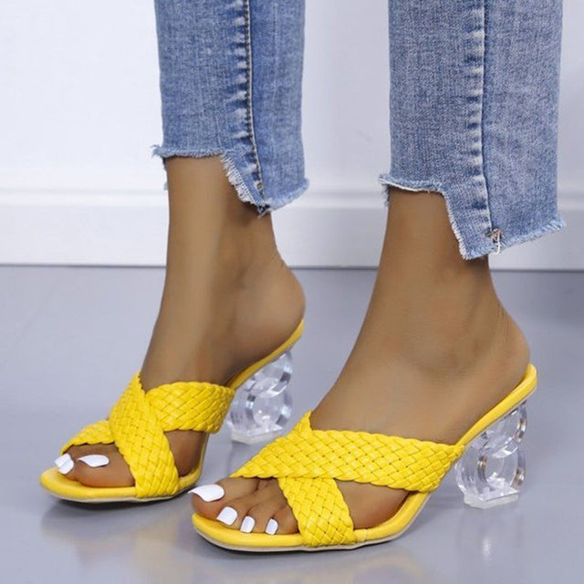Transparent Strange High Heels Sandals Women Summer 2021 Plus Size Weave Female Slippers Fashion Yellow Open Toe Slides