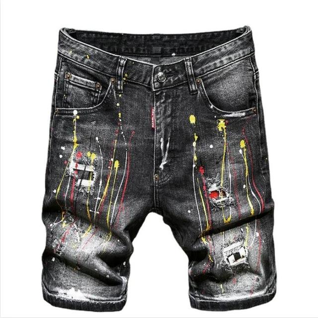 Men Summer Blue Shorts Jeans Holes Denim Shorts Paint Casual Streetwear Jeasn Shorts High Quality Men Slim Fit Stretch Jeans 38