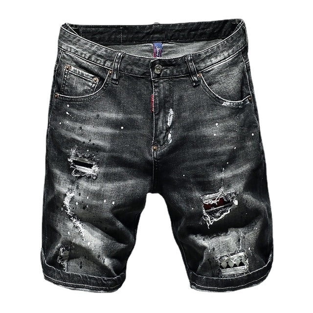 Men Summer Blue Shorts Jeans Holes Denim Shorts Paint Casual Streetwear Jeasn Shorts High Quality Men Slim Fit Stretch Jeans 38