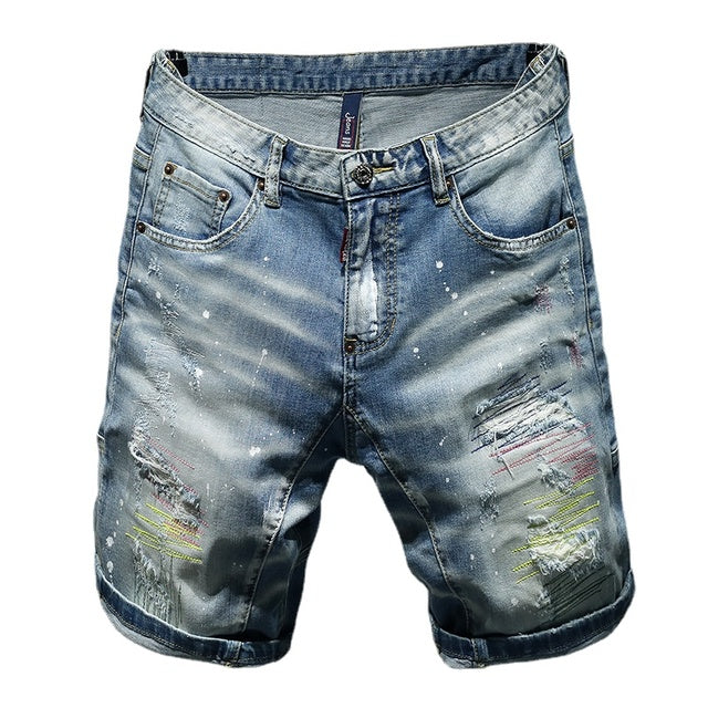 Men Summer Blue Shorts Jeans Holes Denim Shorts Paint Casual Streetwear Jeasn Shorts High Quality Men Slim Fit Stretch Jeans 38