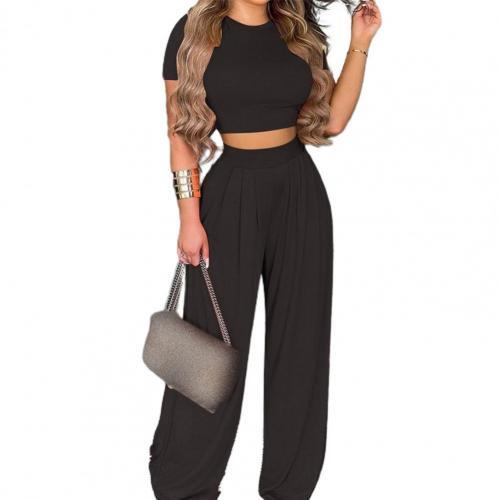 2022 Summer Elegant Women Solid Casual Fitness Tracksuit Set Outfits Short Sleeve Crop Tops Trouser Flare Pants 2 Two Piece Set