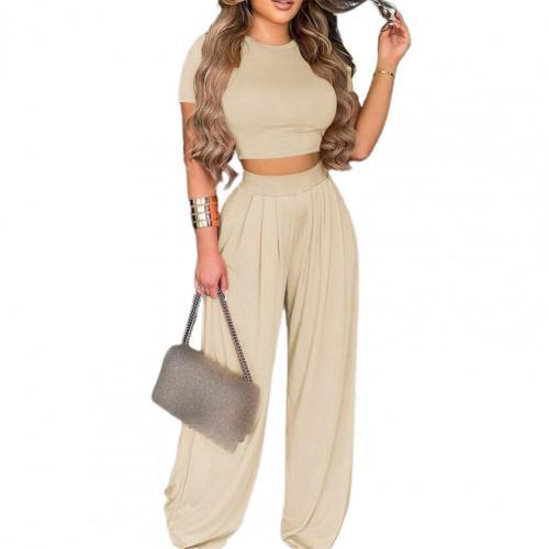 2022 Summer Elegant Women Solid Casual Fitness Tracksuit Set Outfits Short Sleeve Crop Tops Trouser Flare Pants 2 Two Piece Set