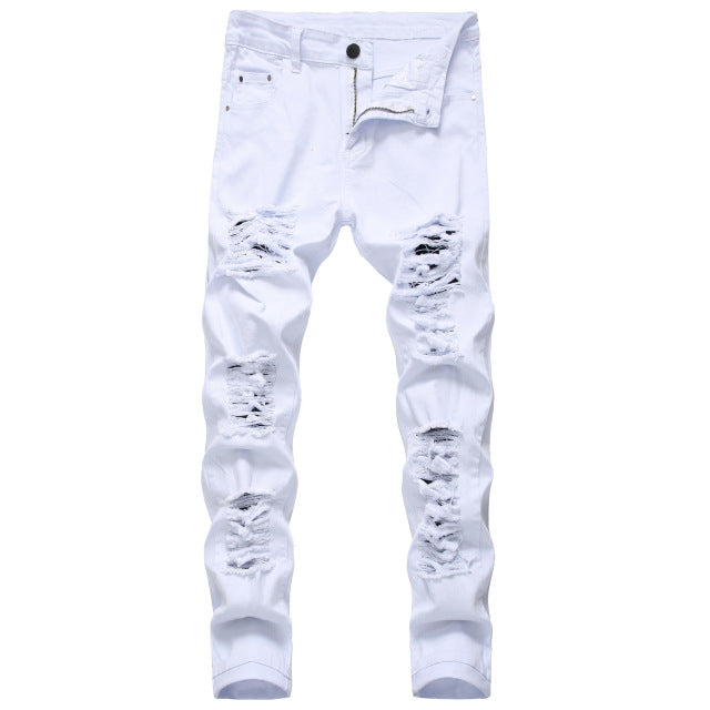 New Arrival Men&#39;s Cotton Ripped Hole Jeans Casual Slim Skinny White Jeans Men Trousers Fashion Stretch Hip Hop Denim Pants Male