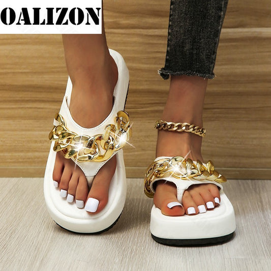 2022 New Women Summer Fashion Chain Flip-flops Sandal Slippers Shoes Woman Flat Platform Sandals Casual Flat Slippers Slides