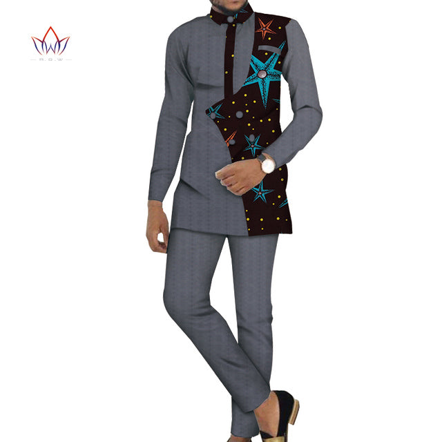 Bazin Riche Men 2 Pieces Pants Sets African Design Clothing African Men Clothes Casual Men Top Shirts and Pants Sets WYN981