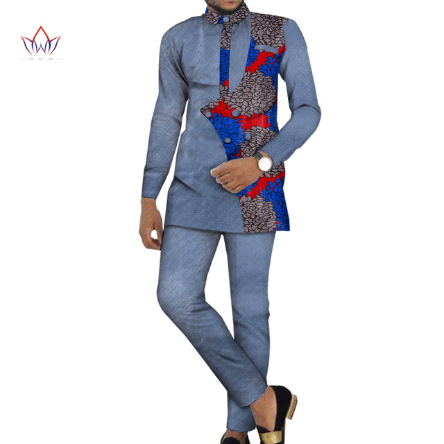 Bazin Riche Men 2 Pieces Pants Sets African Design Clothing African Men Clothes Casual Men Top Shirts and Pants Sets WYN981