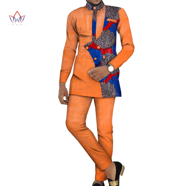 Bazin Riche Men 2 Pieces Pants Sets African Design Clothing African Men Clothes Casual Men Top Shirts and Pants Sets WYN981