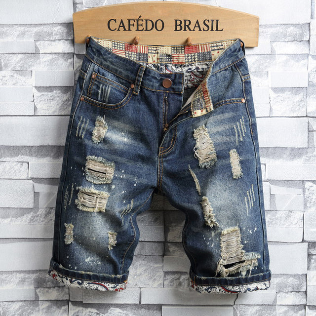 Brand Men&#39;s Retro Style Ripped Denim Shorts 2022 Summer New Fashion Casual Hole Patch Jean Shorts Male Brand Clothes