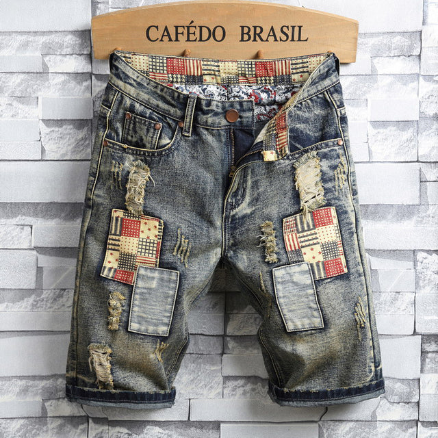 Brand Men&#39;s Retro Style Ripped Denim Shorts 2022 Summer New Fashion Casual Hole Patch Jean Shorts Male Brand Clothes