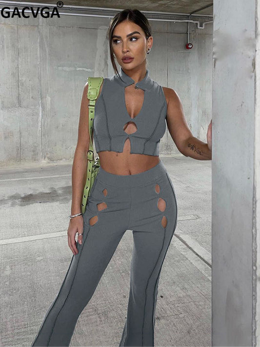 GACVGA 2022 Summer Knit Pant Suits Casual Fitness Designer Crop Top And Pants  2/ Two Piece Set Women Clothing Fashion Outfits